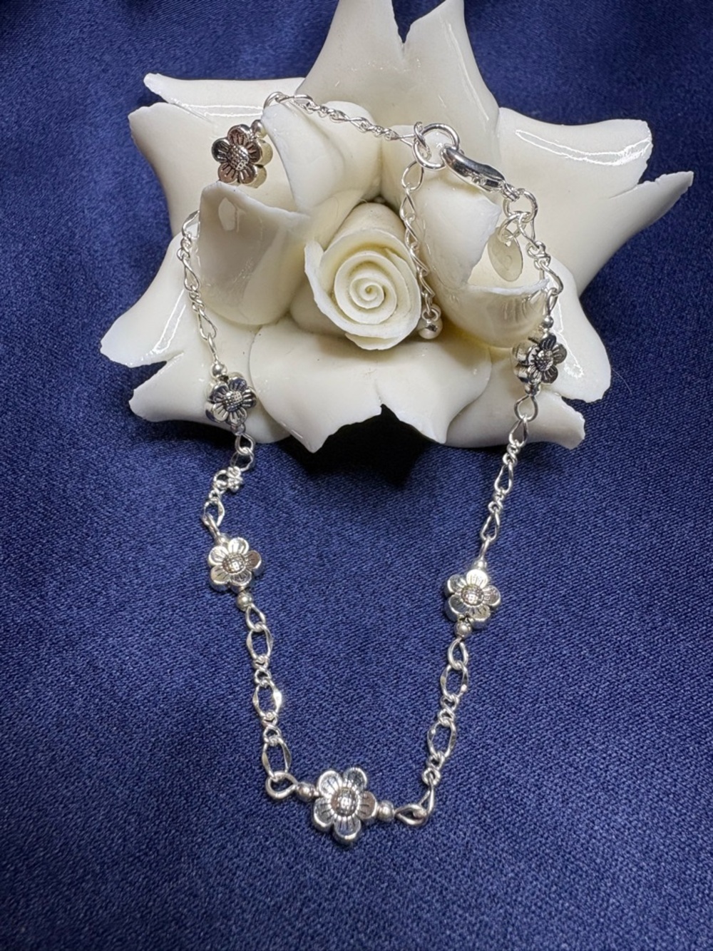 ANKLE Bracelet 925 Sterling Silver Floral Link Adjustable Length Dainty